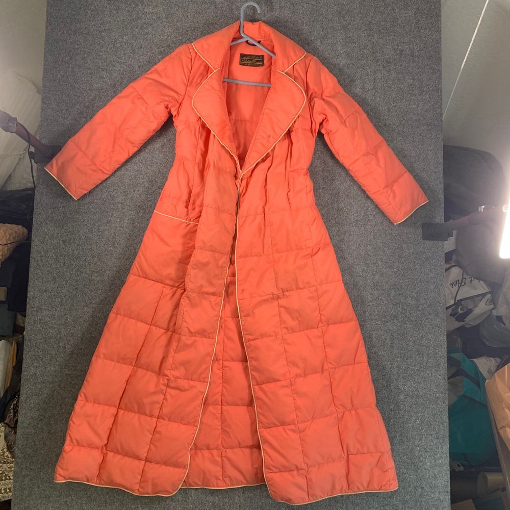 Vintage Eddie Bauer Down Robe Coral Pink Quilted Full Length Cabin Mountains
